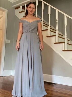 David’s Bridal Off-Shoulder Chiffon Maxi Dress Dusty Blue Size 6
